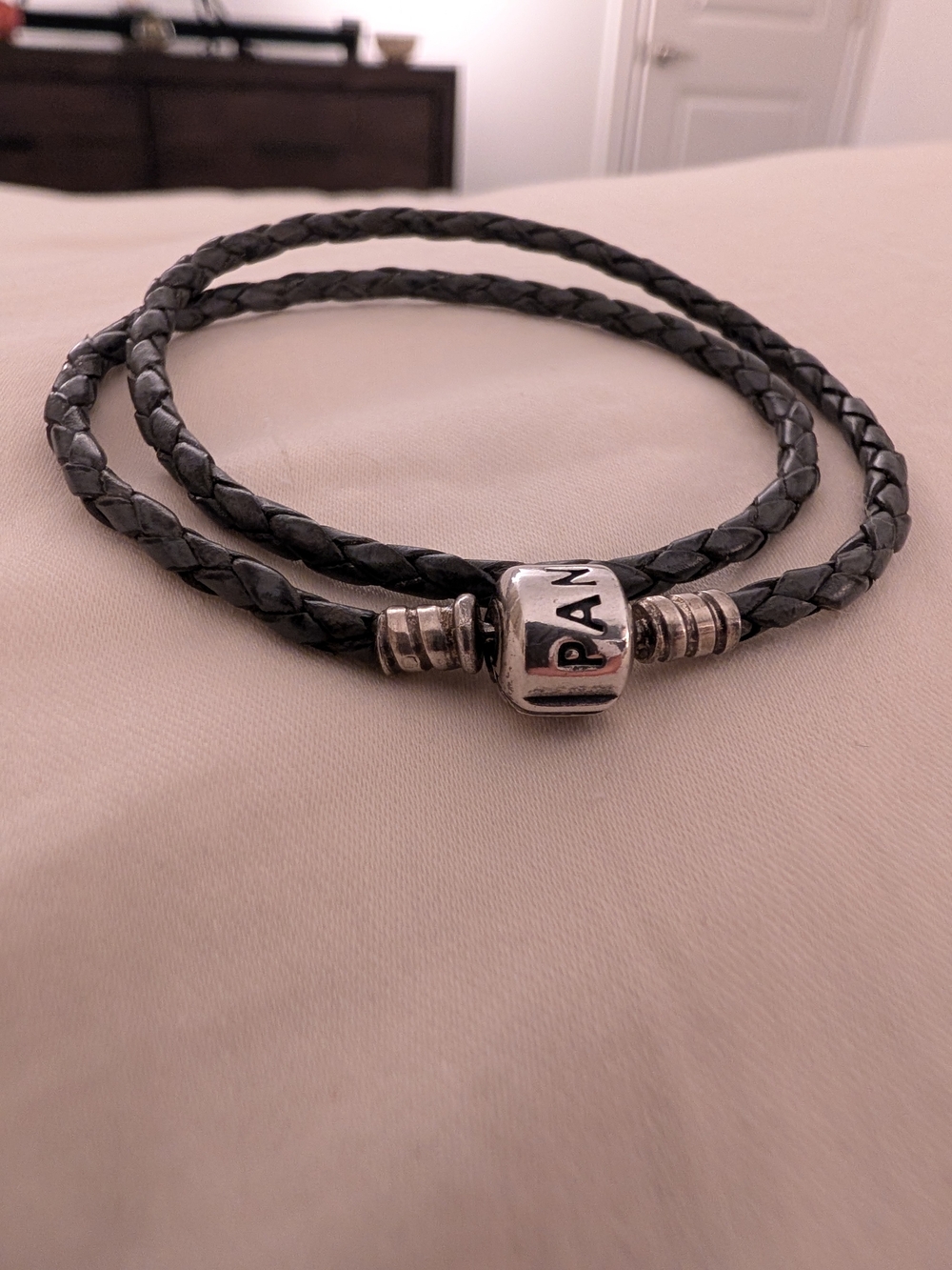 Pandora Gray Braided Leather Double Loop Bracelet with Silver Clasp